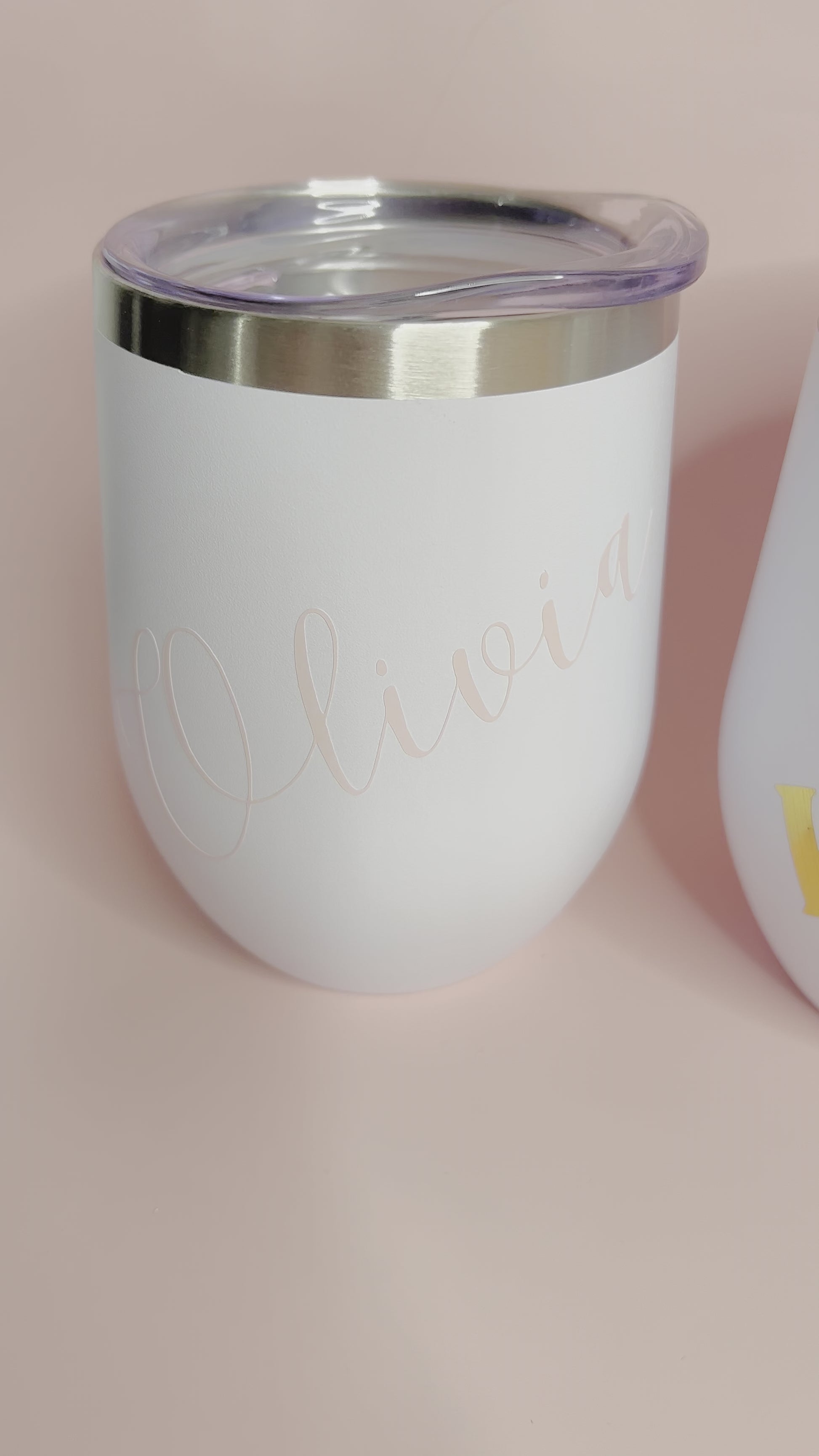 White personalized Stainless Steel 12oz insulated Tumbler with lid (Dishwasher Safe on normal cycle) Personalize with name or phrase and choose your text color and font