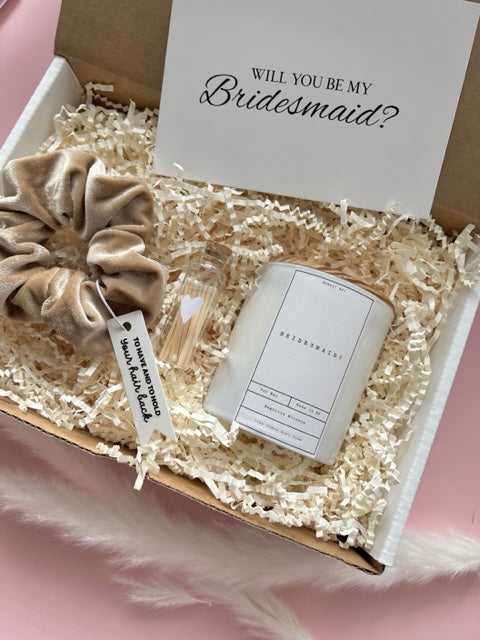 Bridesmaid Proposal box with - 11 oz Soy Wax Candle (magnolia Blossom or Bamboo scent)  - Caramel Velvet Scrunchie - Bridesmaid Card (We will add your message)